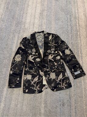 Kent & Park Italy Men's Metallic Brocade Blazer Black Gold Silver Bird Floral